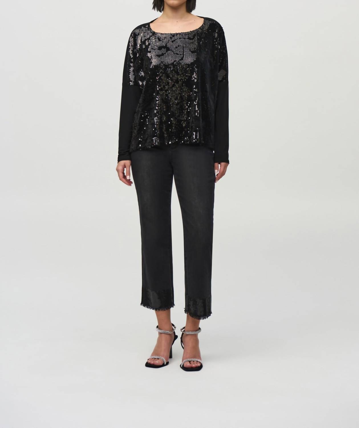 Joseph Ribkoff Sequin Velvet Boxy Top in black - women's long sleeve top