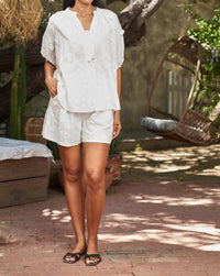 PAPARAZZI Embroidered Short Sleeve Peasant Top & Short Set in white - women's sleepwear - detail view