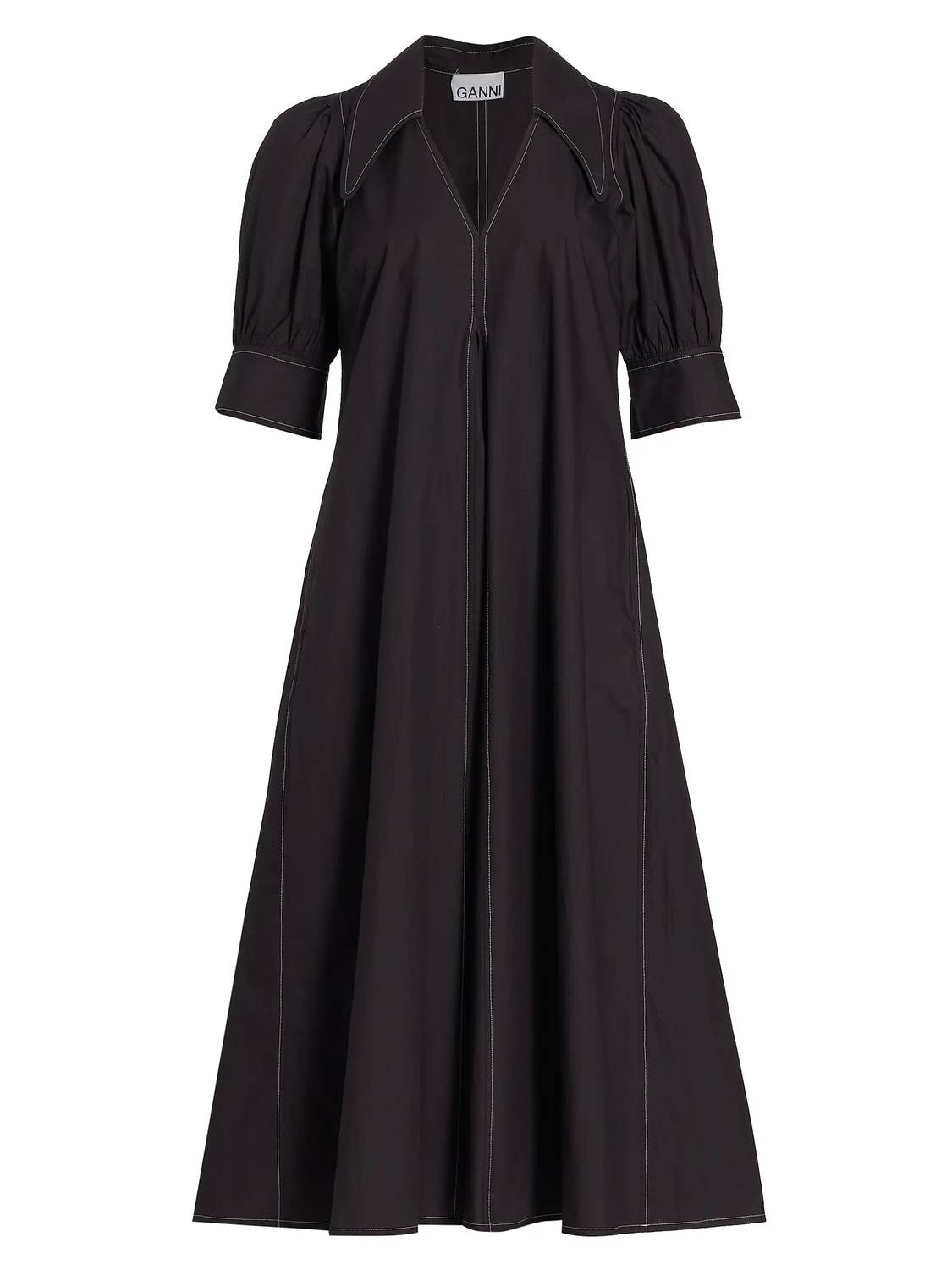 Ganni - Cotton Poplin V-neck Midi Dress