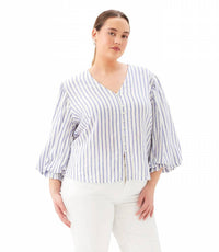 Karen Kane - Stripe Layered Sleeve Shirred Blouse - Plus
