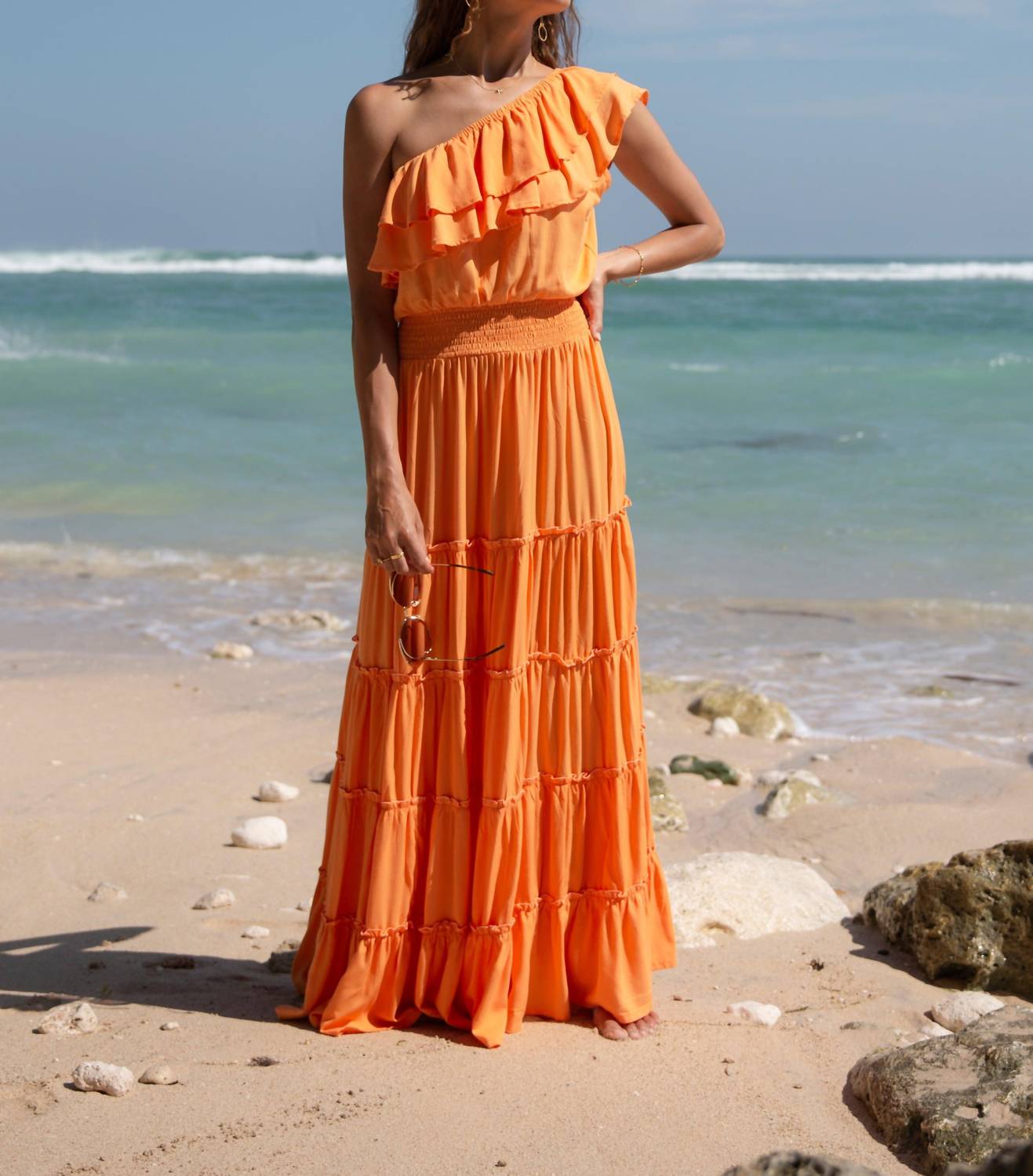 SKEMO Alani Frill Dress in orange - women's dress - detail view