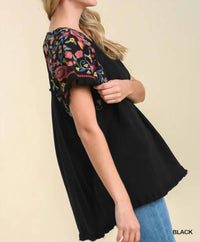 Umgee - Embroidered Sleeve Frayed Ruffle Trim Top