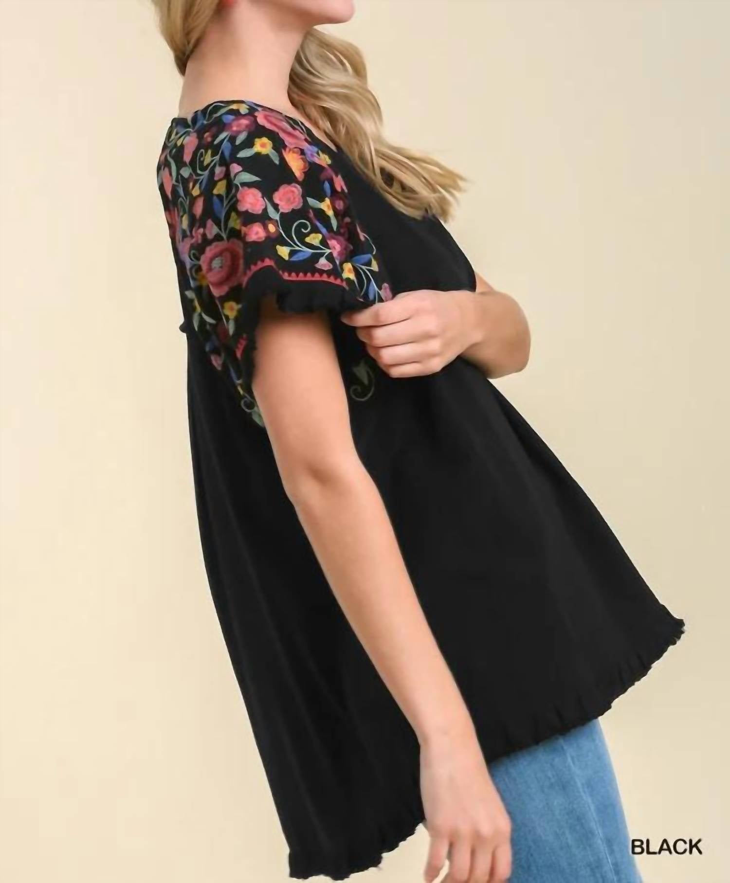Umgee - Embroidered Sleeve Frayed Ruffle Trim Top