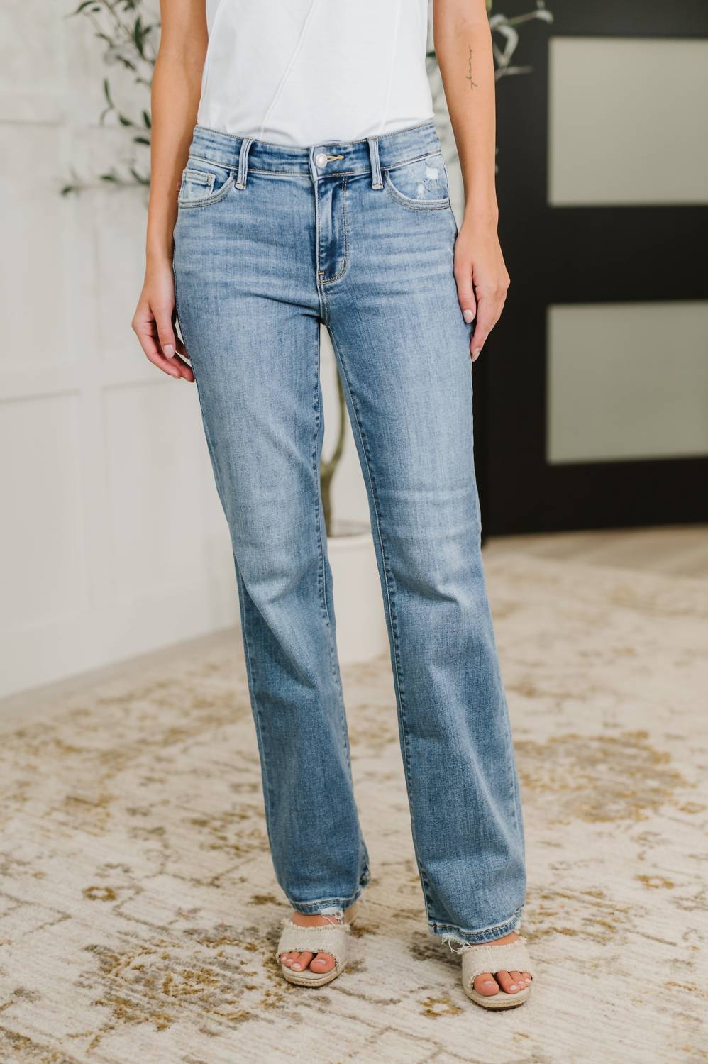 Judy Blue Mid Rise Boot Cut Jean With Distress Hem in vintage wash - women's jeans