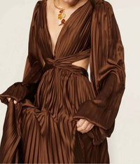 Mac Duggal - Pleated Long Sleeve Charmeuse Cut Out Gown