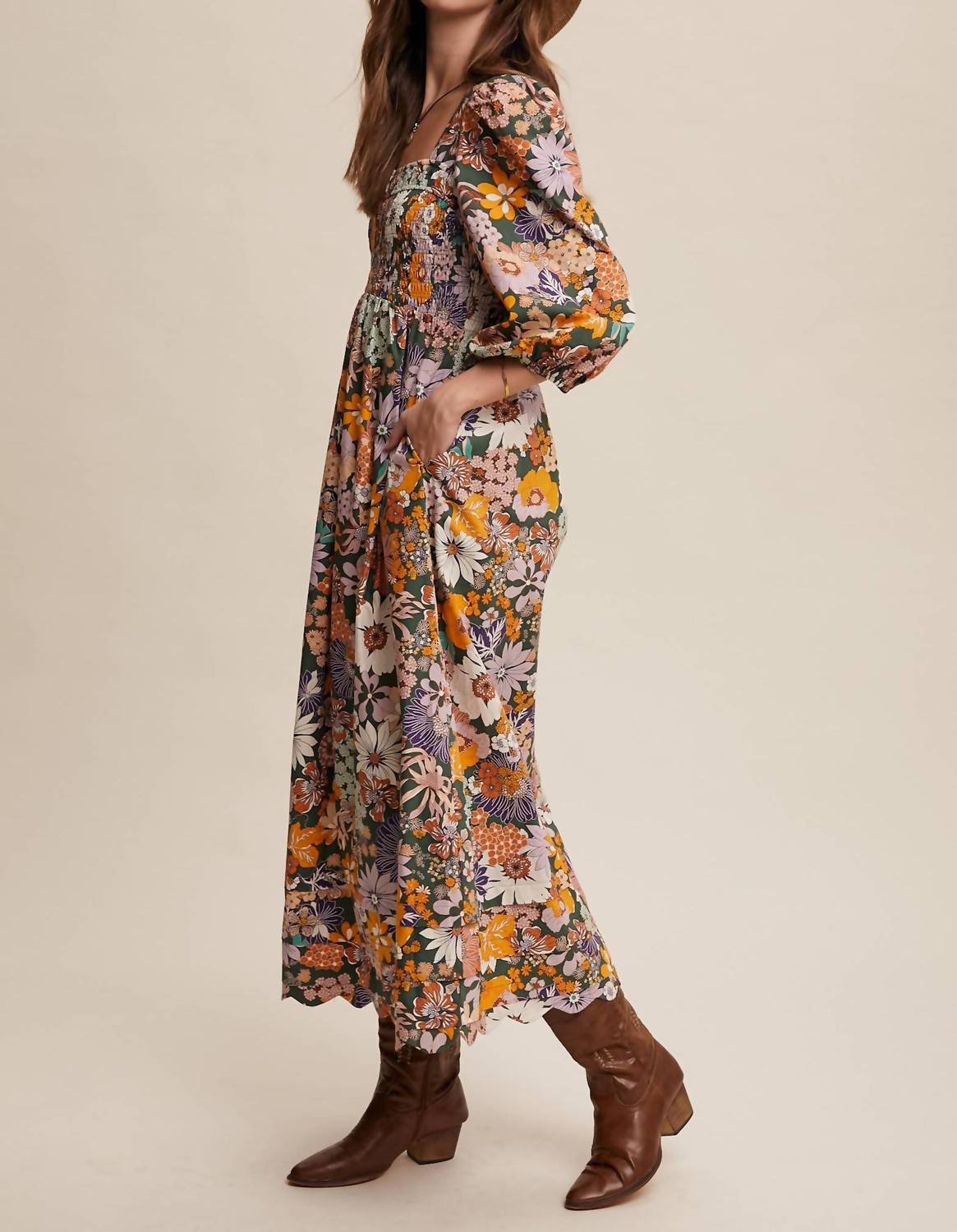 Listicle - Floral Smocked Puff Sleeve Maxi Dress