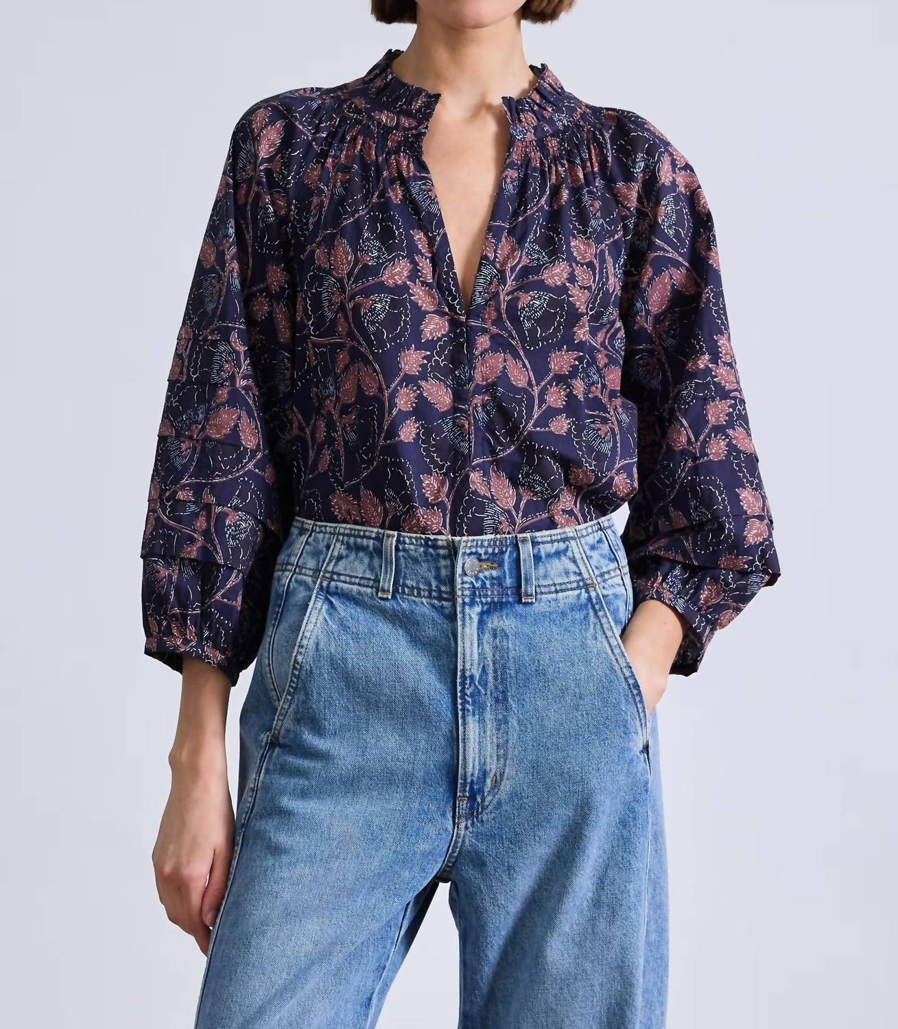 APIECE APART Trinidad Top in camille floral navy 1 - women's blouse - alternate view