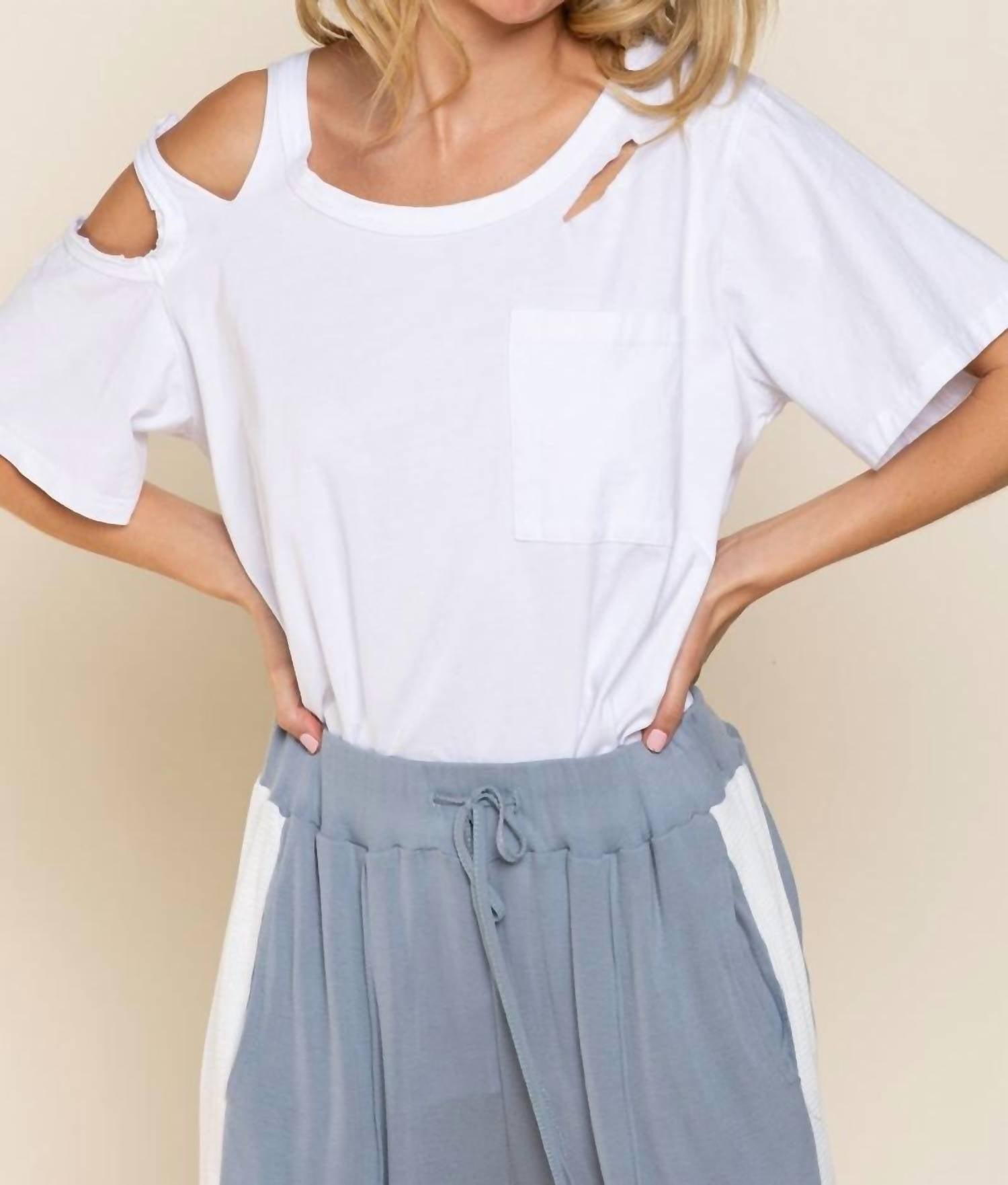 POL Distressed Short Sleeve Cotton Top in white - women's t-shirt - view 5