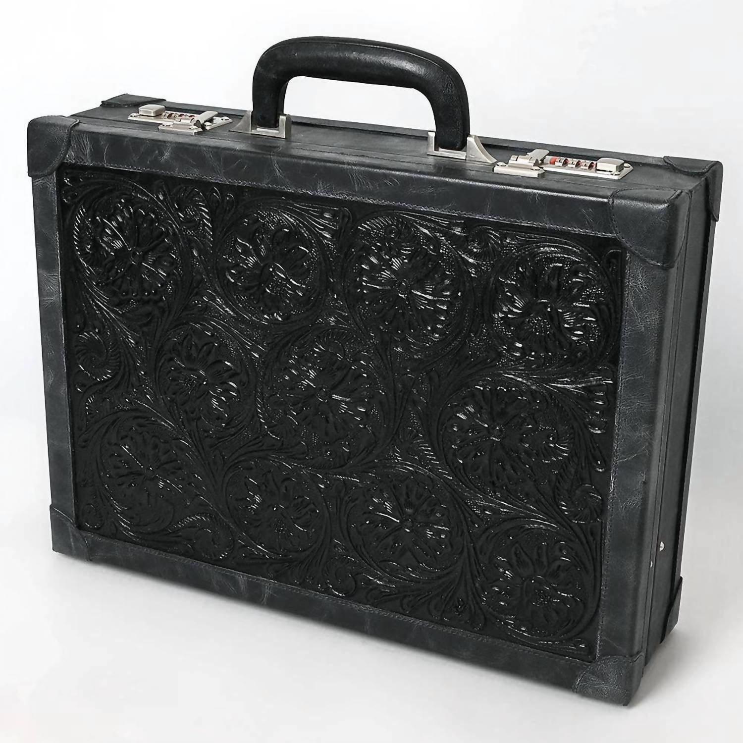 Ls Western - Hand-Tooled Floral Leather Jewelry Case with Dual Combination Locks