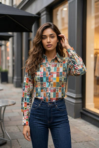 Dizzy-Lizzie TIZZIE Long Sleeve top in multi books - women's long sleeve top - alternate view