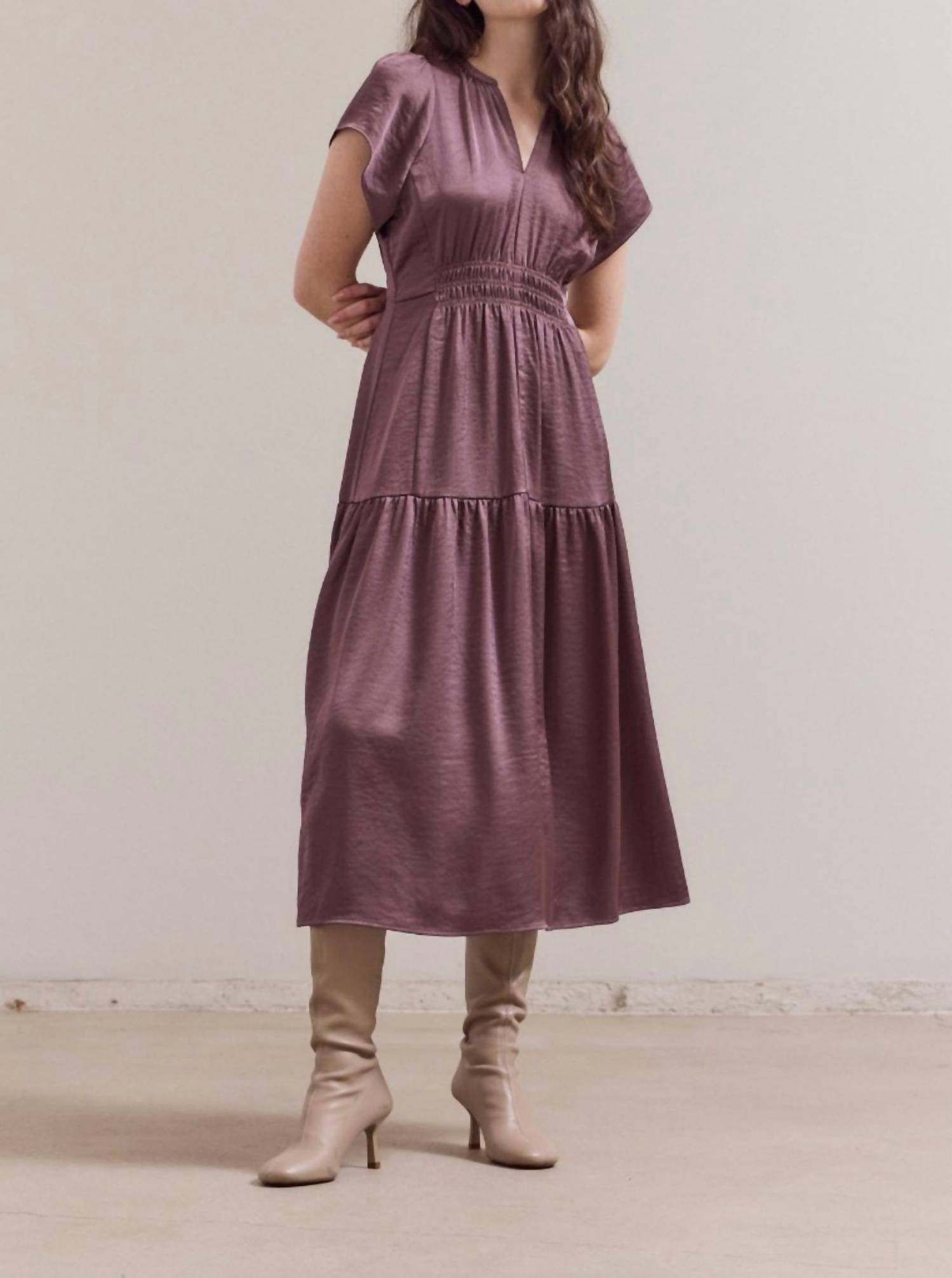 Grade & Gather - Women's Ruffle Matte Satin Midi Dress