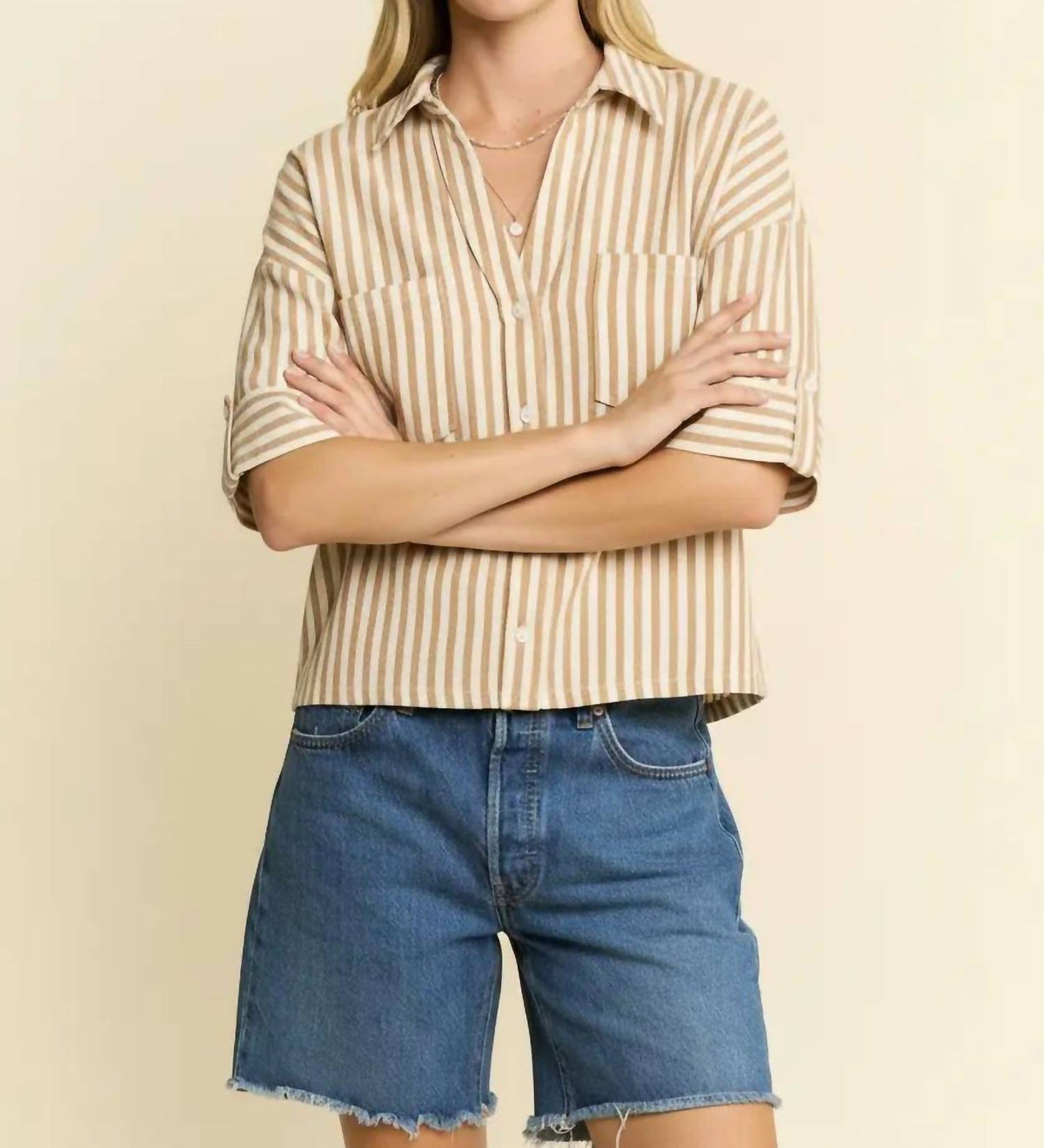 Jade By Jane - Stripe Collar Short Sleeve Shirt