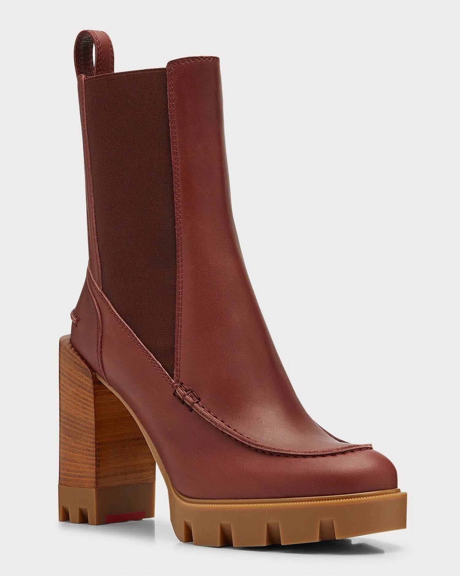 Christian Louboutin Pre-loved Women's Glory Leather Lug Sole Chelsea Booties in chesnut brown - women's shoe - detail view