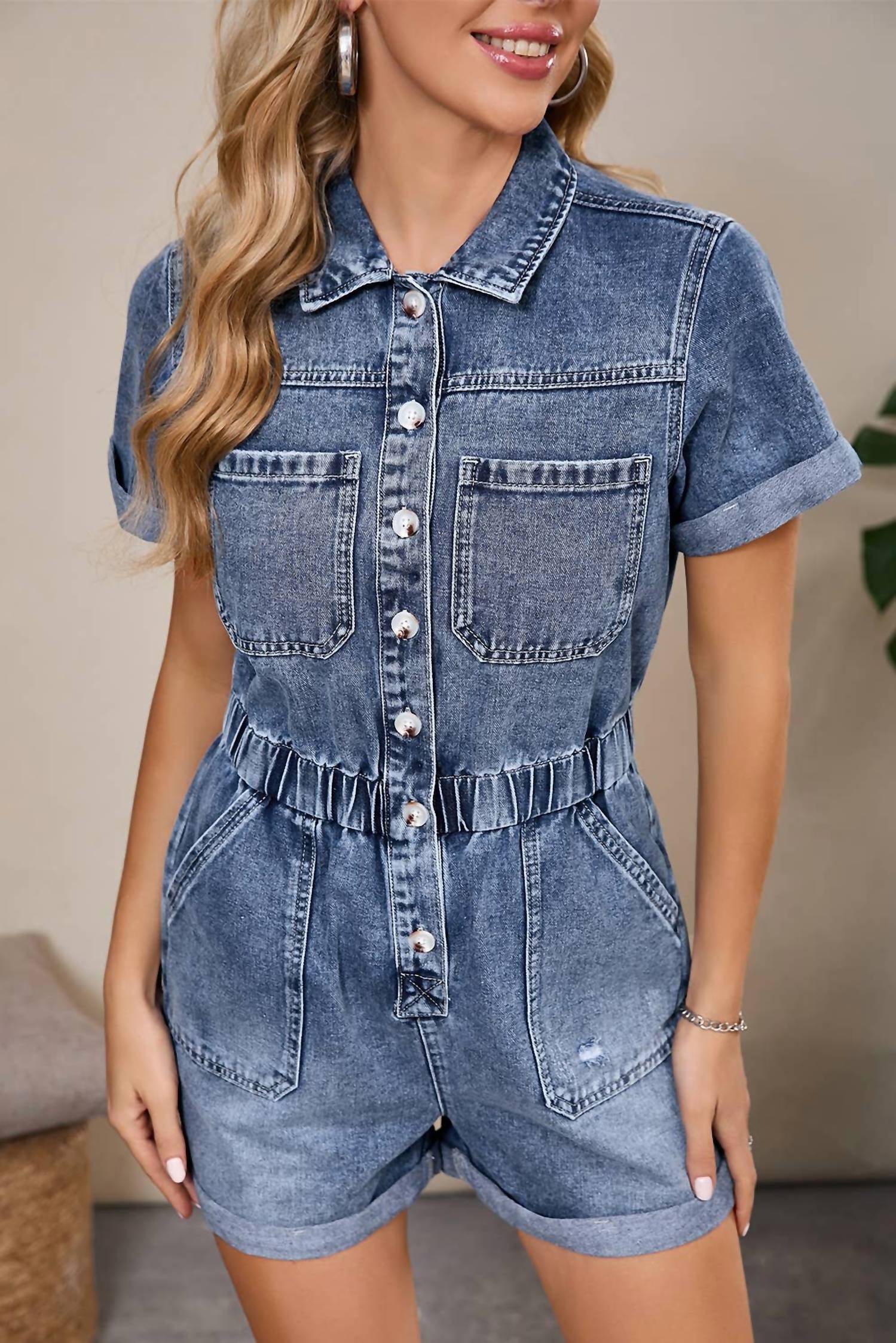 Aapparella Short Sleeve Denim Button Front Romper in blue - women's pants - view 4