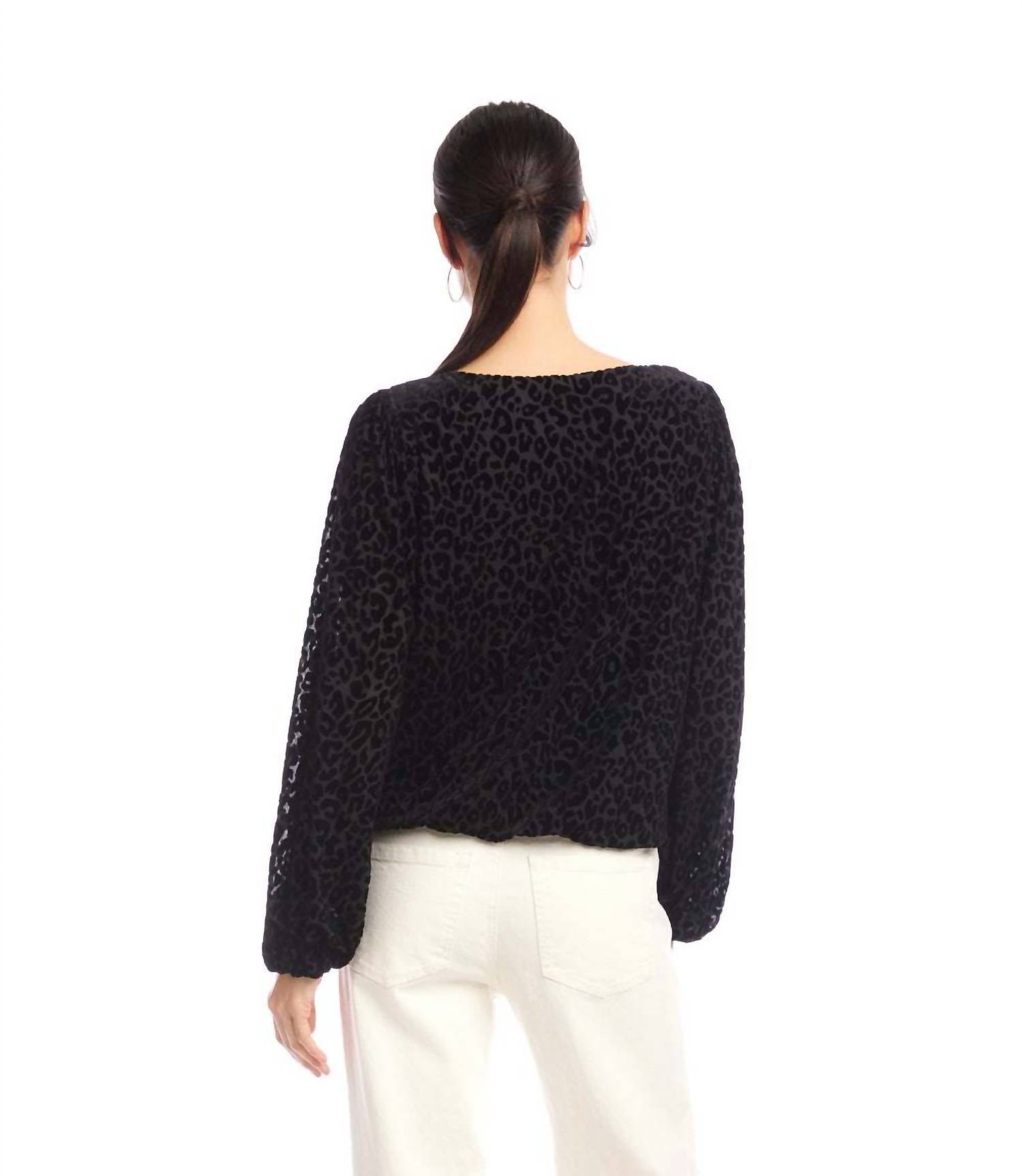 Karen Kane Blouson Sleeve Velvet Burnout Boatneck Top - Petite in leopard - women's long sleeve top - detail view