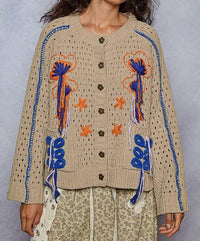 Pol - Long Sleeve Floral Frayed Edge Cardigan Top