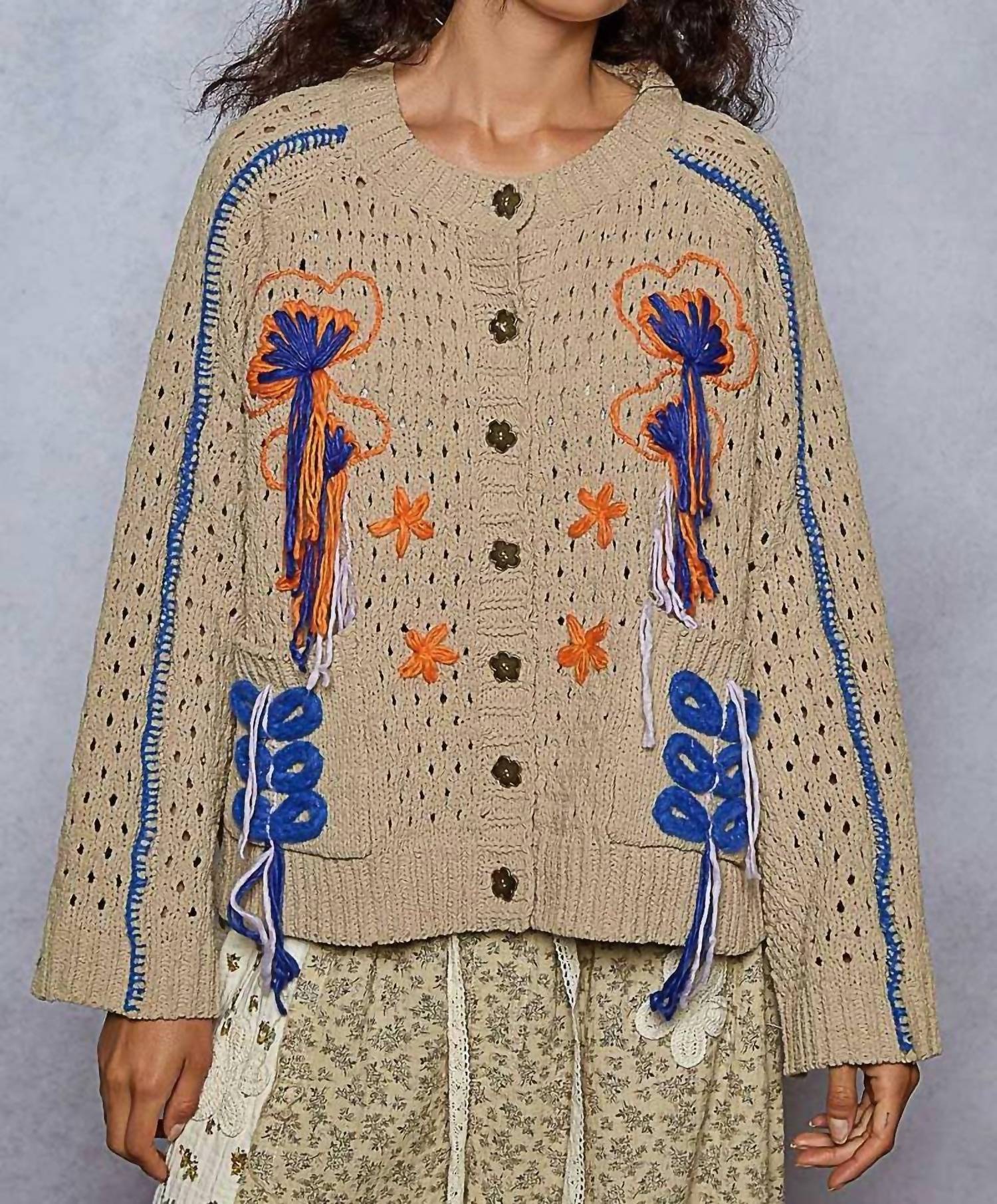Pol - Long Sleeve Floral Frayed Edge Cardigan Top