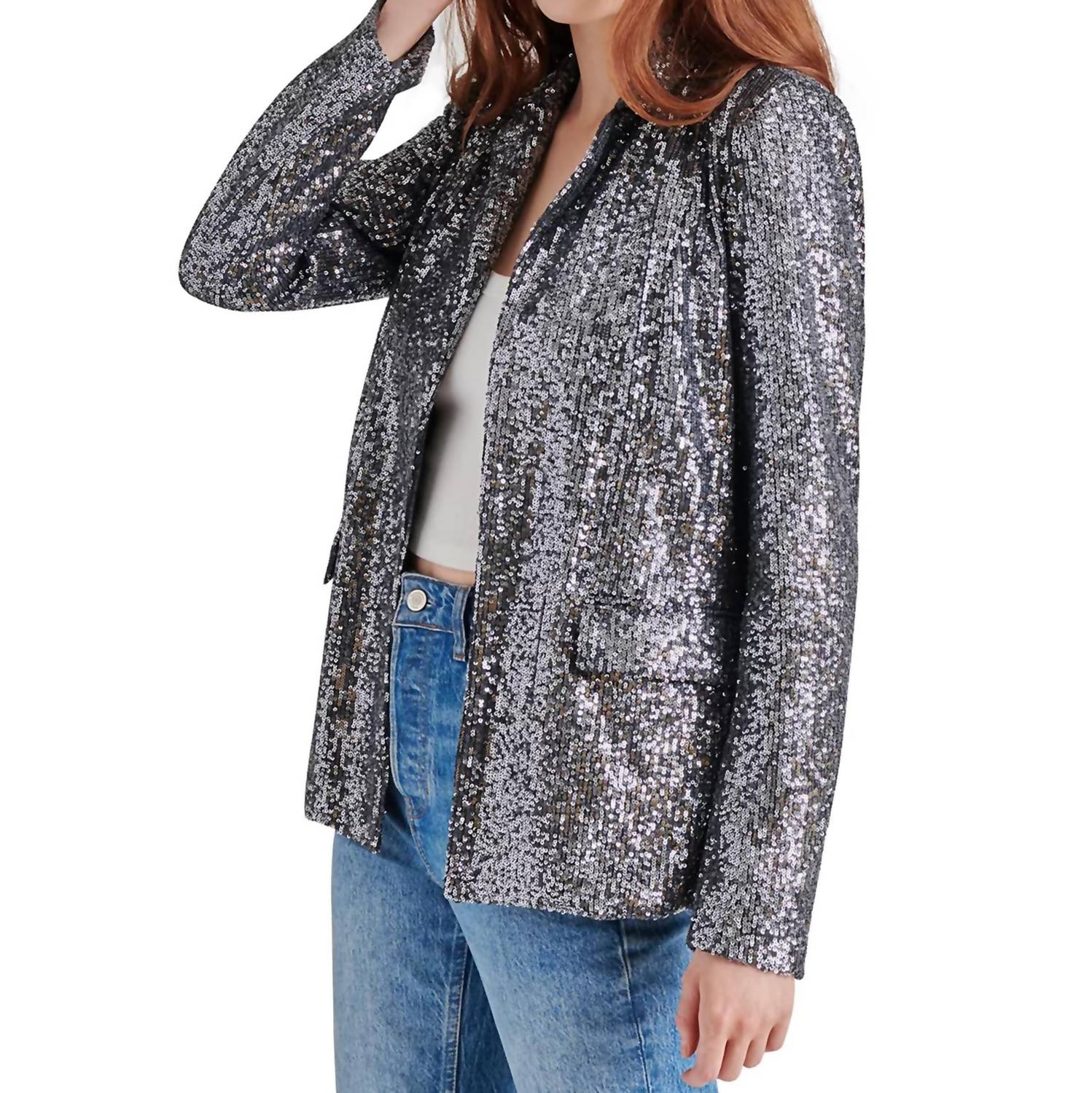 STEVE MADDEN Payton Sequined Boyfriend Blazer in silver - women's jacket - detail view
