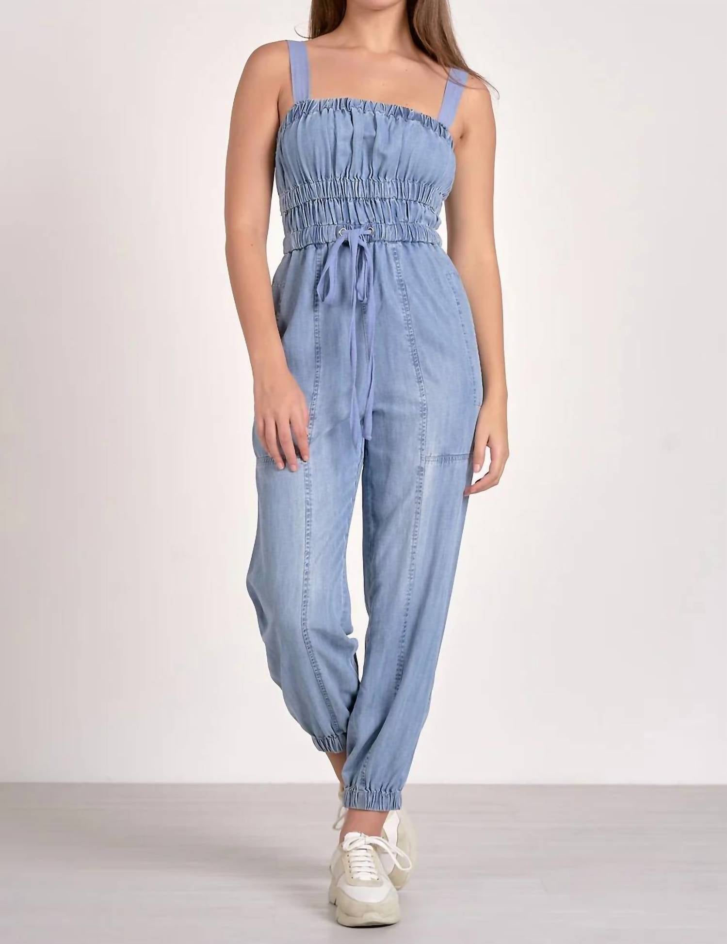Elan - Denim Elastic Bottom Jumpsuit