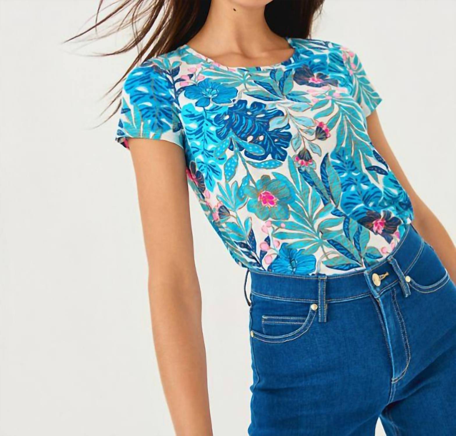 Lilly Pulitzer Etta Scoopneck Tee in breezy aqua best fronds forever - women's t-shirt - detail view