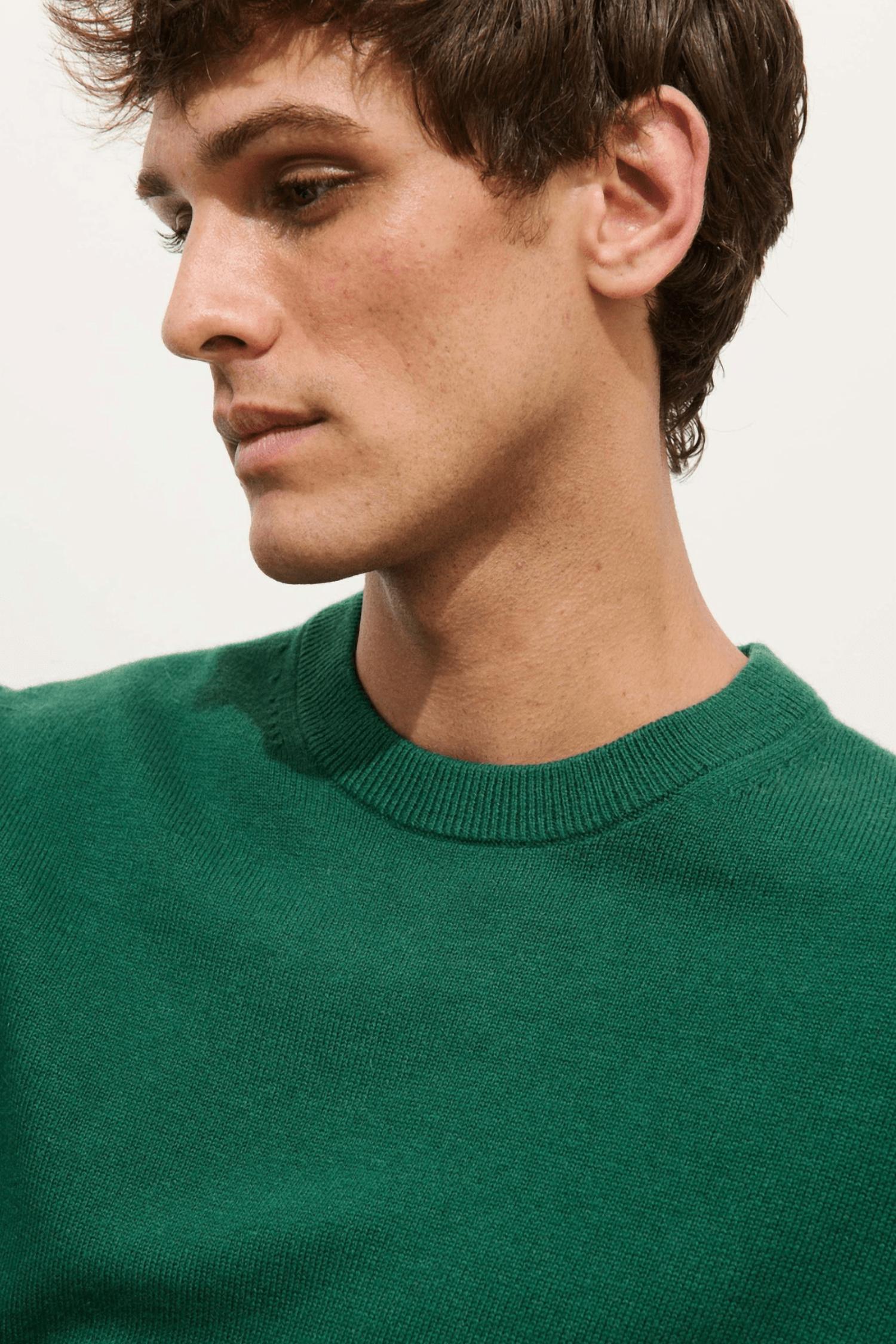 ALEX MILL Reverse Seam Crew Sweater in evergeen - men's sweater - alternate view