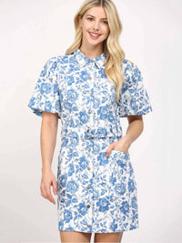 Fate - Puff Sleeve Floral Belted Button-Down Dress