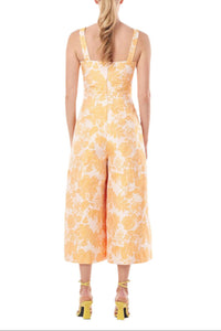 Kay Unger - Sleeveless Square Neck Empire Waist Floral Two-tone Jacquard Jumpsuit
