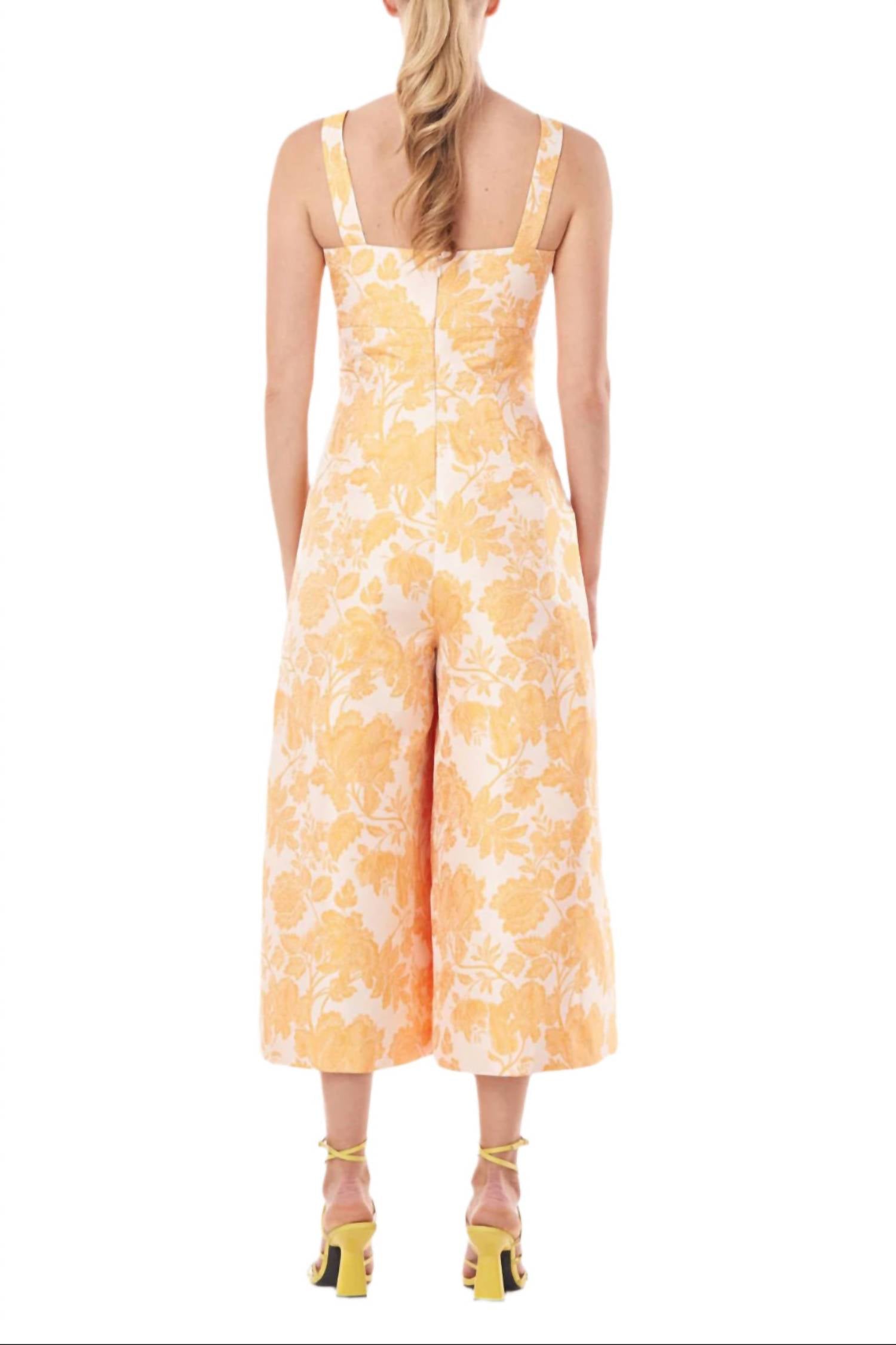 Kay Unger - Sleeveless Square Neck Empire Waist Floral Two-tone Jacquard Jumpsuit