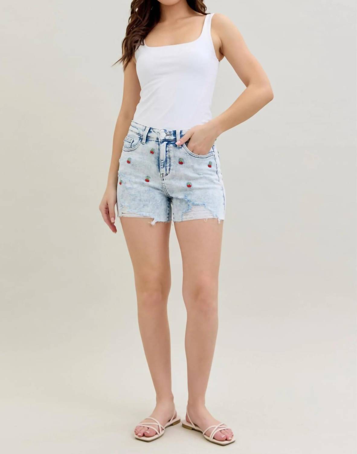 Judy Blue - High Waisted Cherry Embroidery Shorts