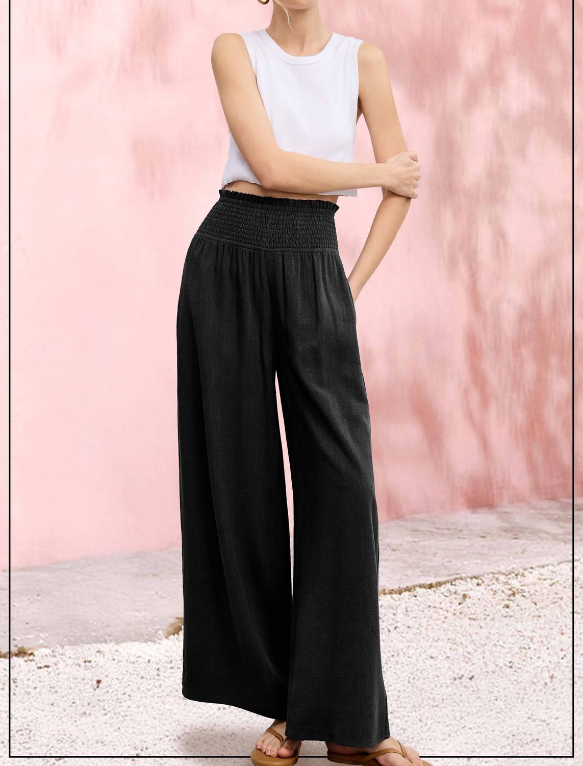 La Miel - Millie Smocked Waist High Waist Pants With Side Pockets