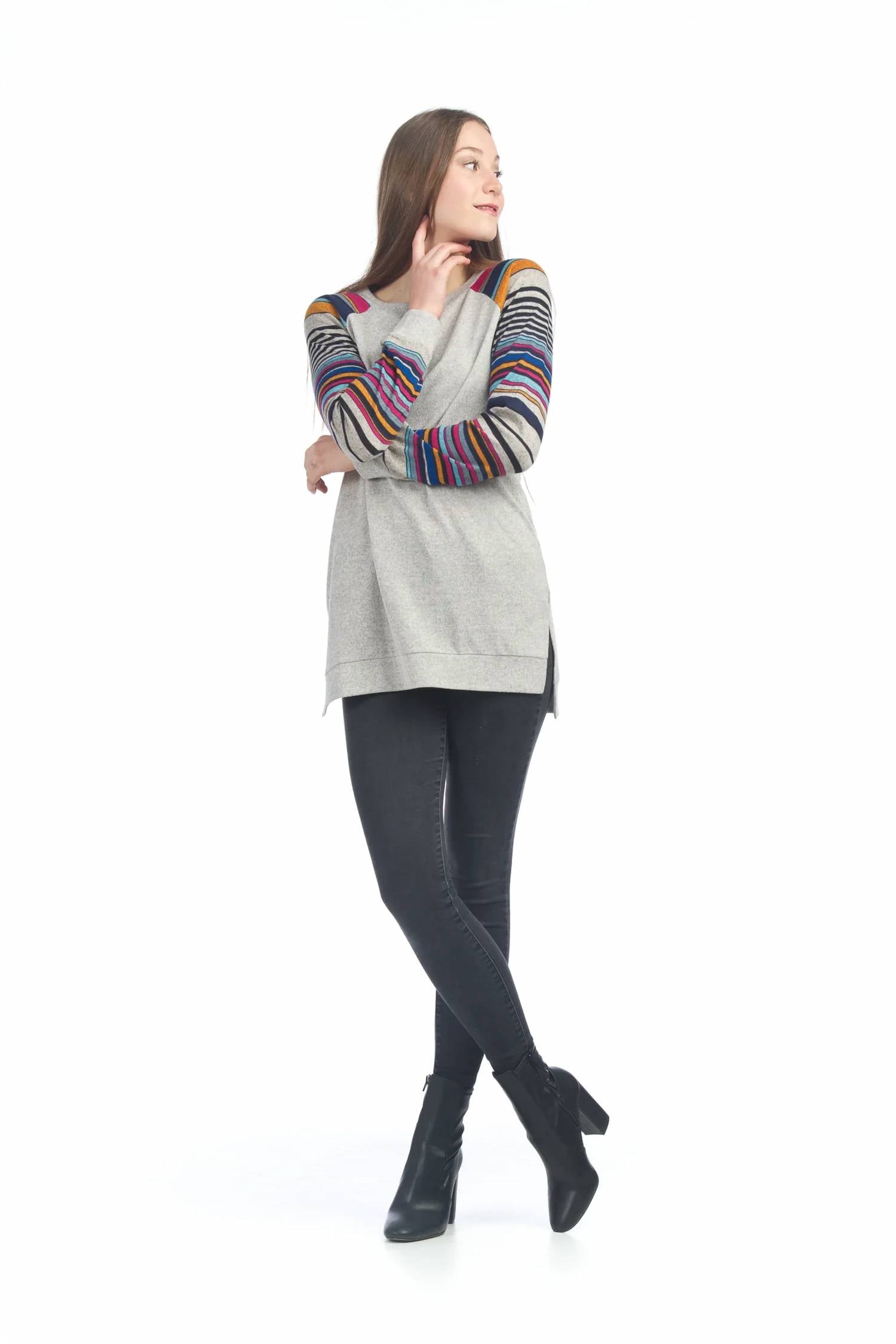 Papillon - Step Hem Tunic With Multi Striped Sleeves
