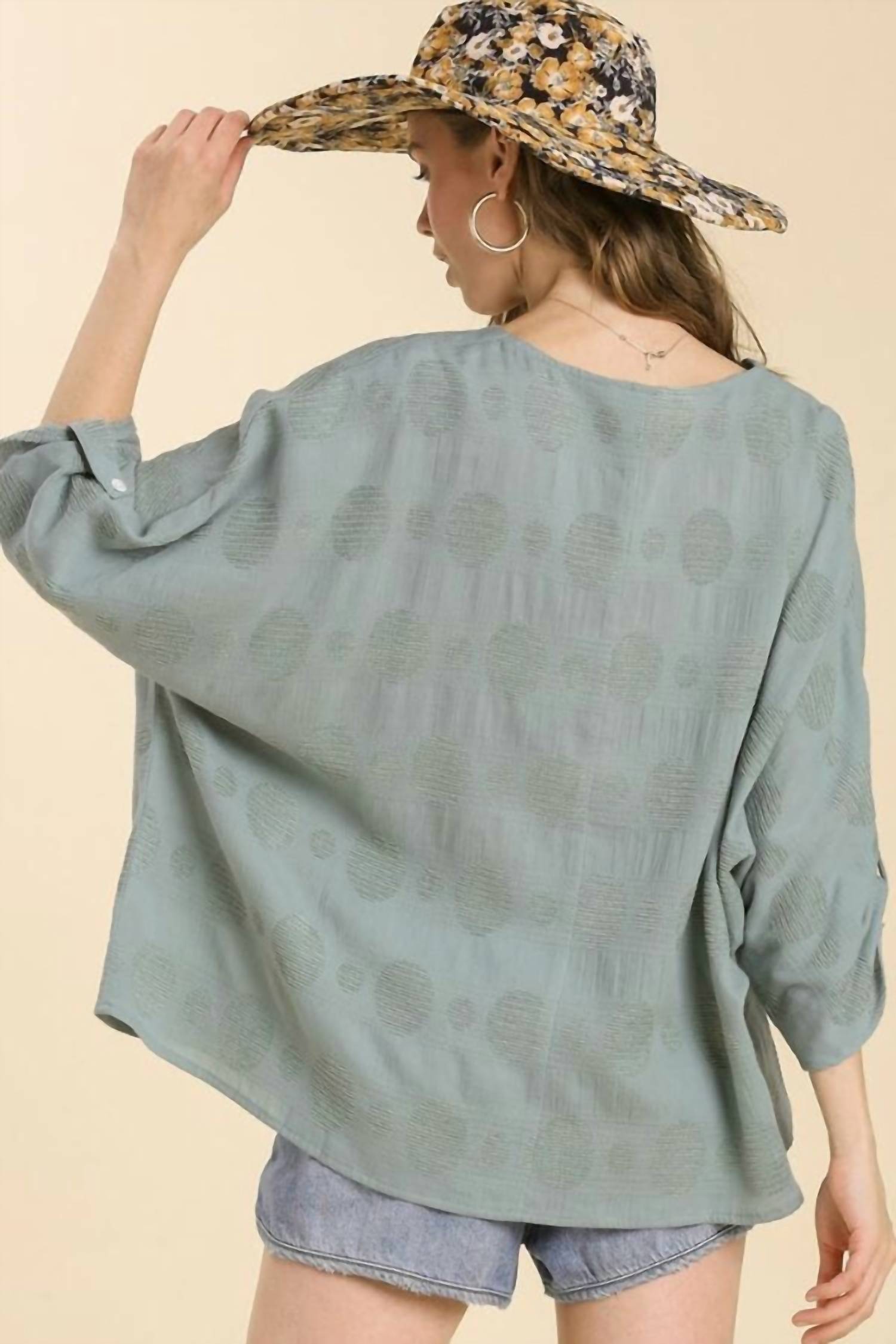 umgee Polka Dot Detail V-neck Top With Adjustable Sleeves in mint - women's blouse - detail view
