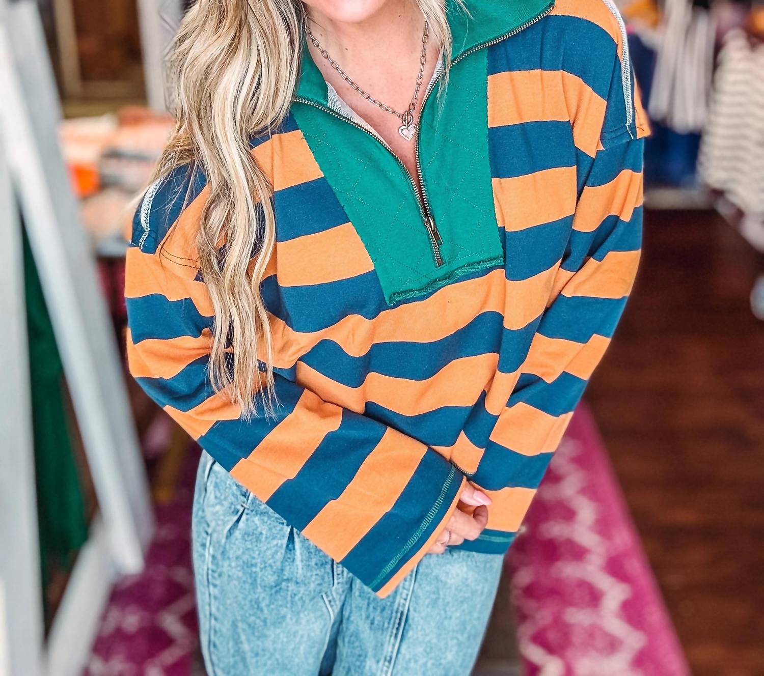 Buttermelon - Striped Quarter Zip Collar Sweatshirt