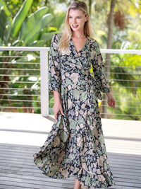 Cienna Gia Long Sleeve Wrap Dress in green multi - women's dress - alternate view