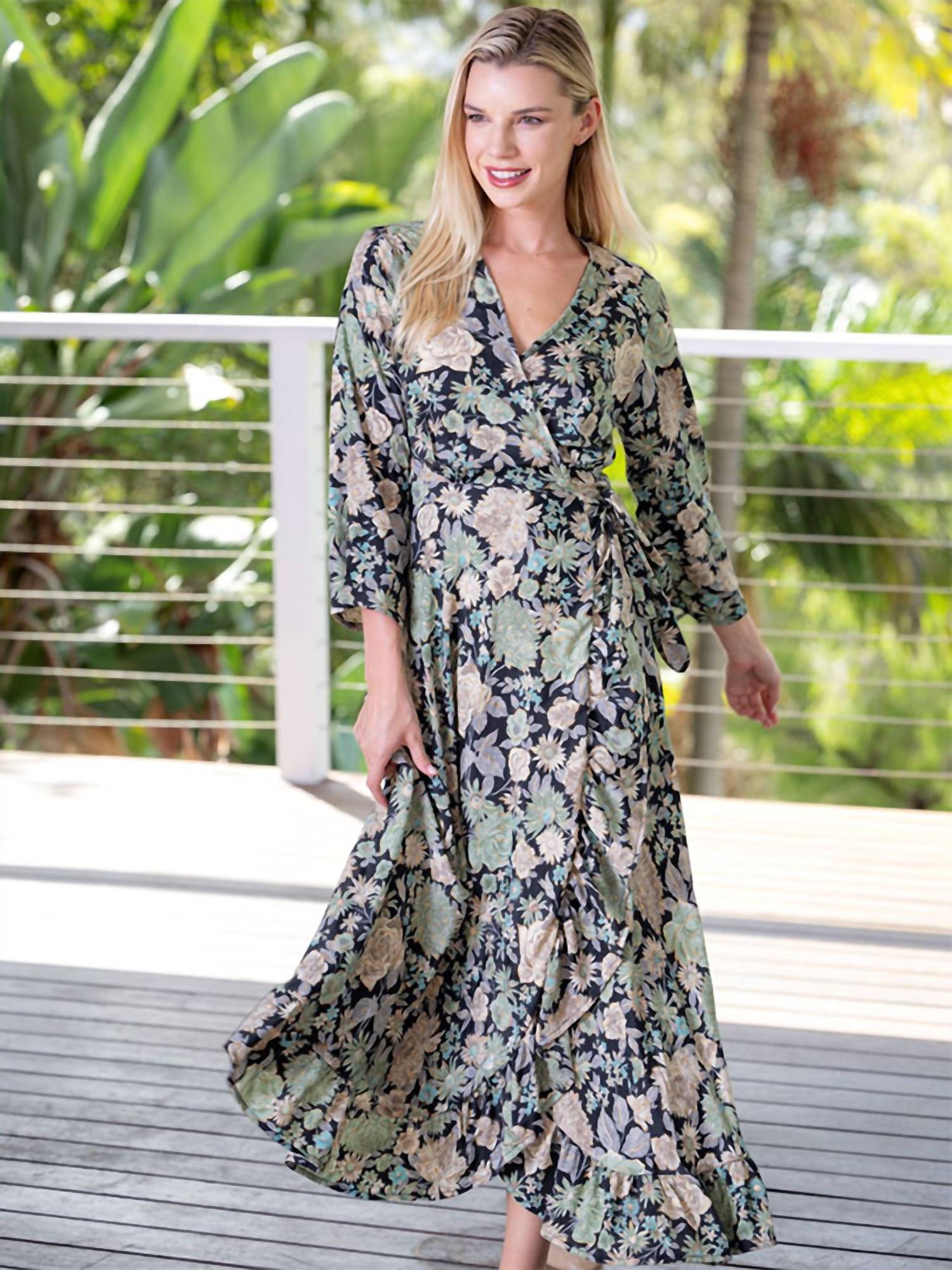 Cienna Gia Long Sleeve Wrap Dress in green multi - women's dress - alternate view