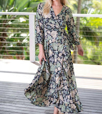 Cienna Gia Long Sleeve Wrap Dress in green multi - women's dress - detail view