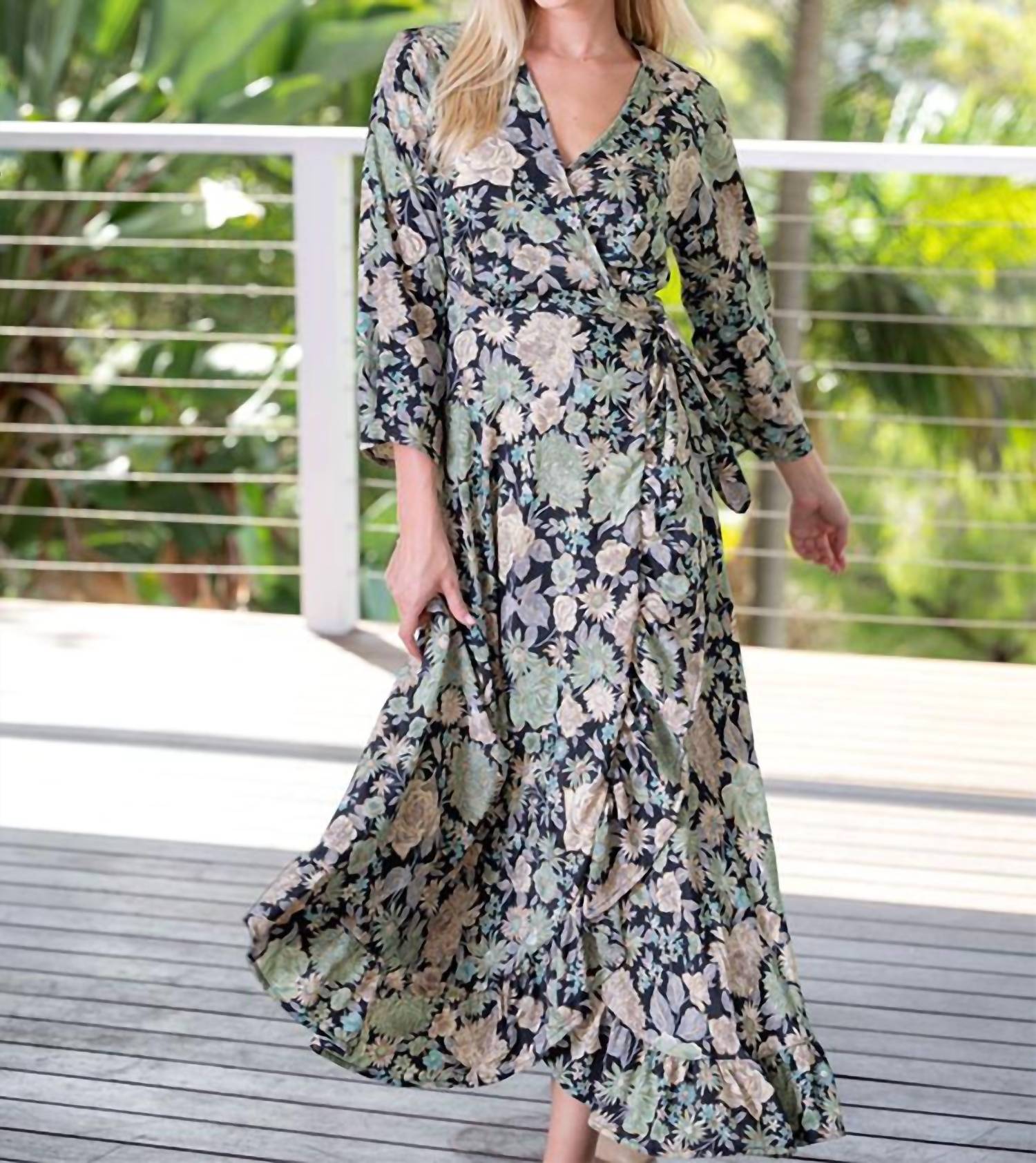 Cienna Gia Long Sleeve Wrap Dress in green multi - women's dress - detail view