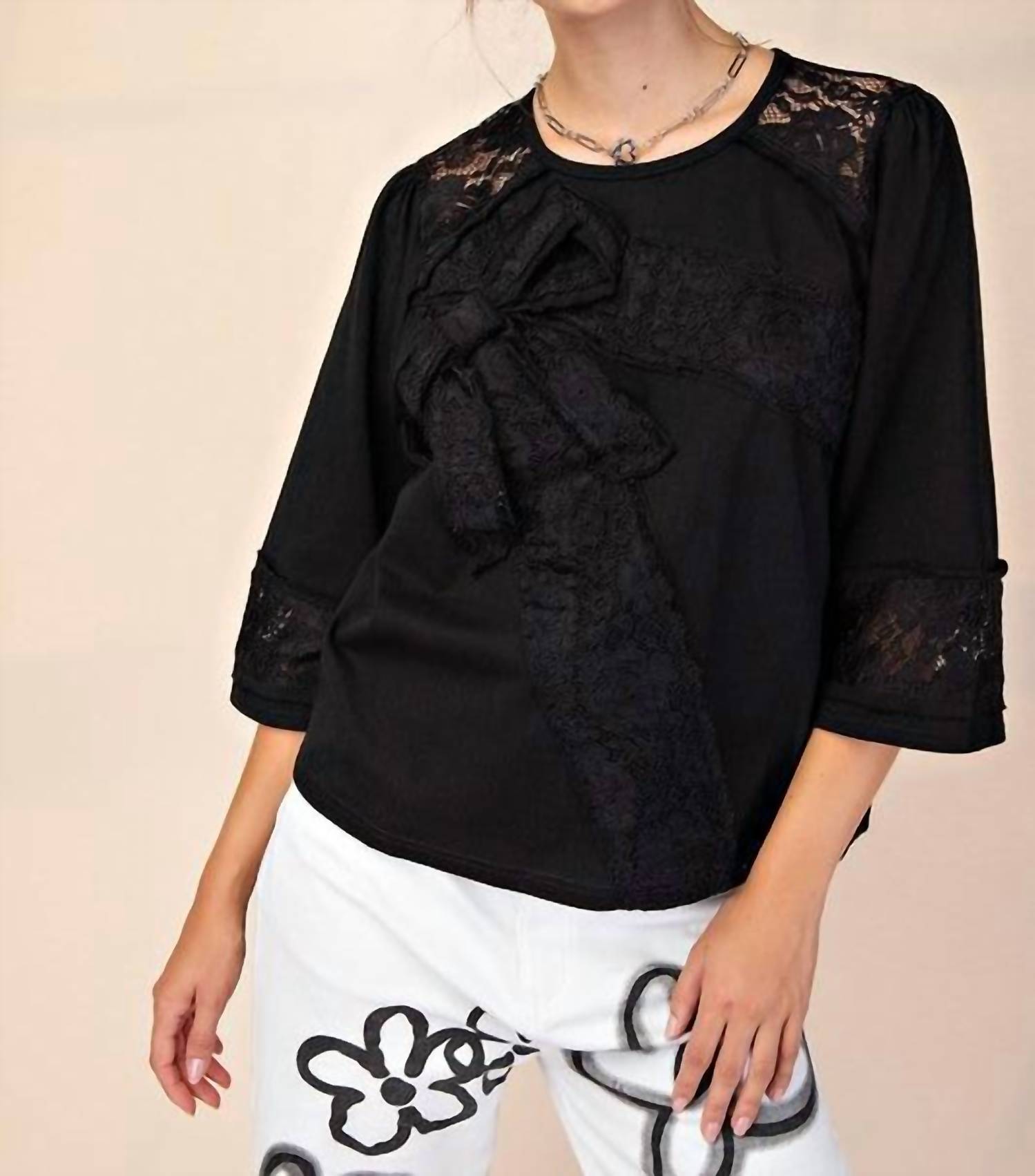 Easel - Let's Go Lace Bow Patch Cotton Jersey Top
