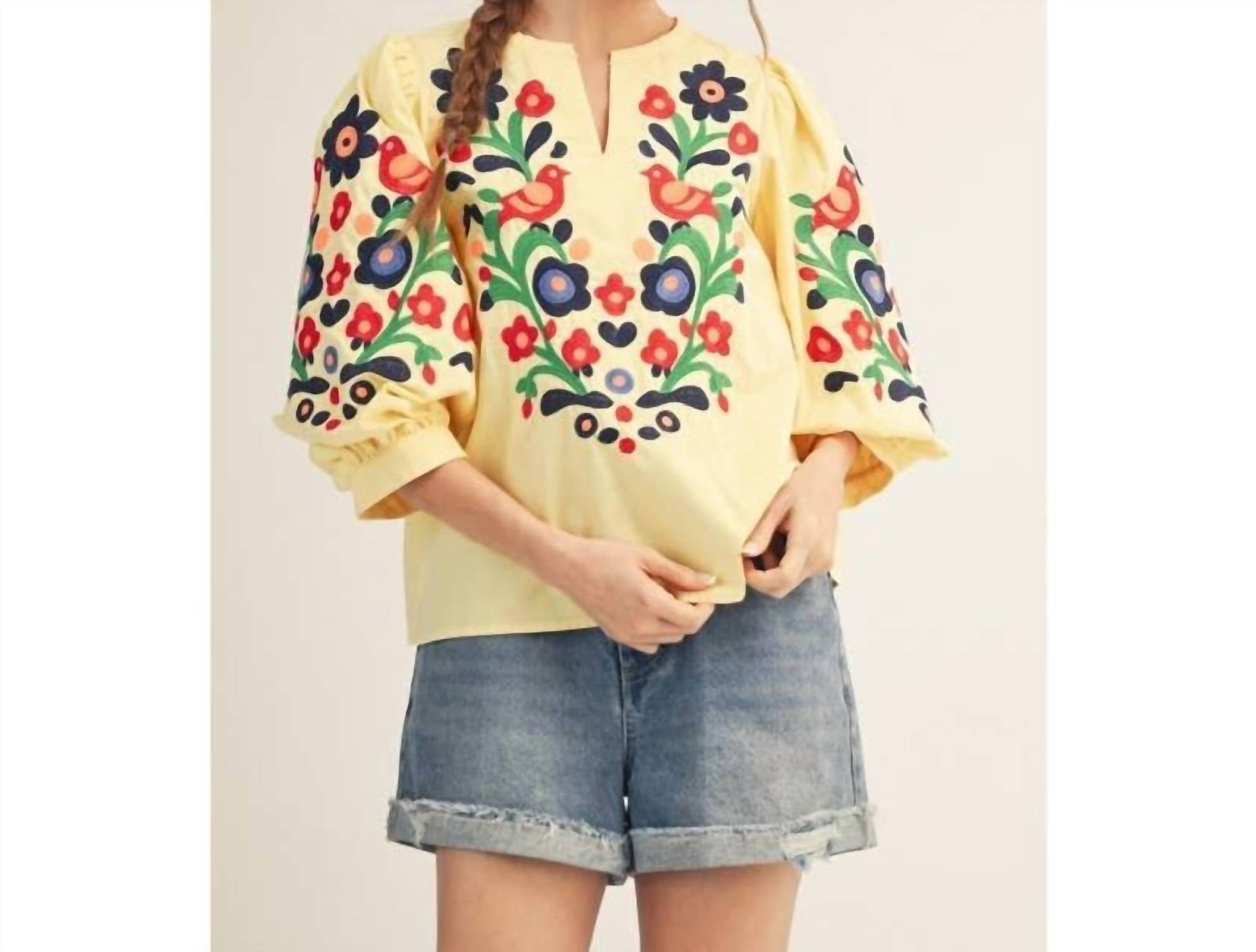 Style USA Embroidered V-neck Woven Top in banana yellow - women's blouse