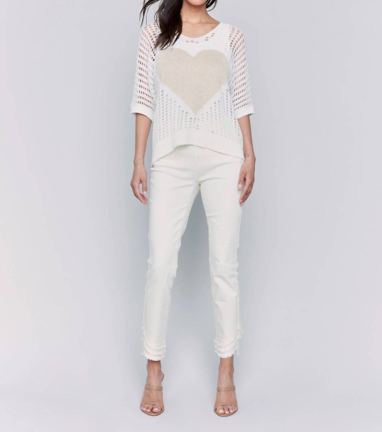 Charlie B - Fishnet V-neck Sweater With Heart