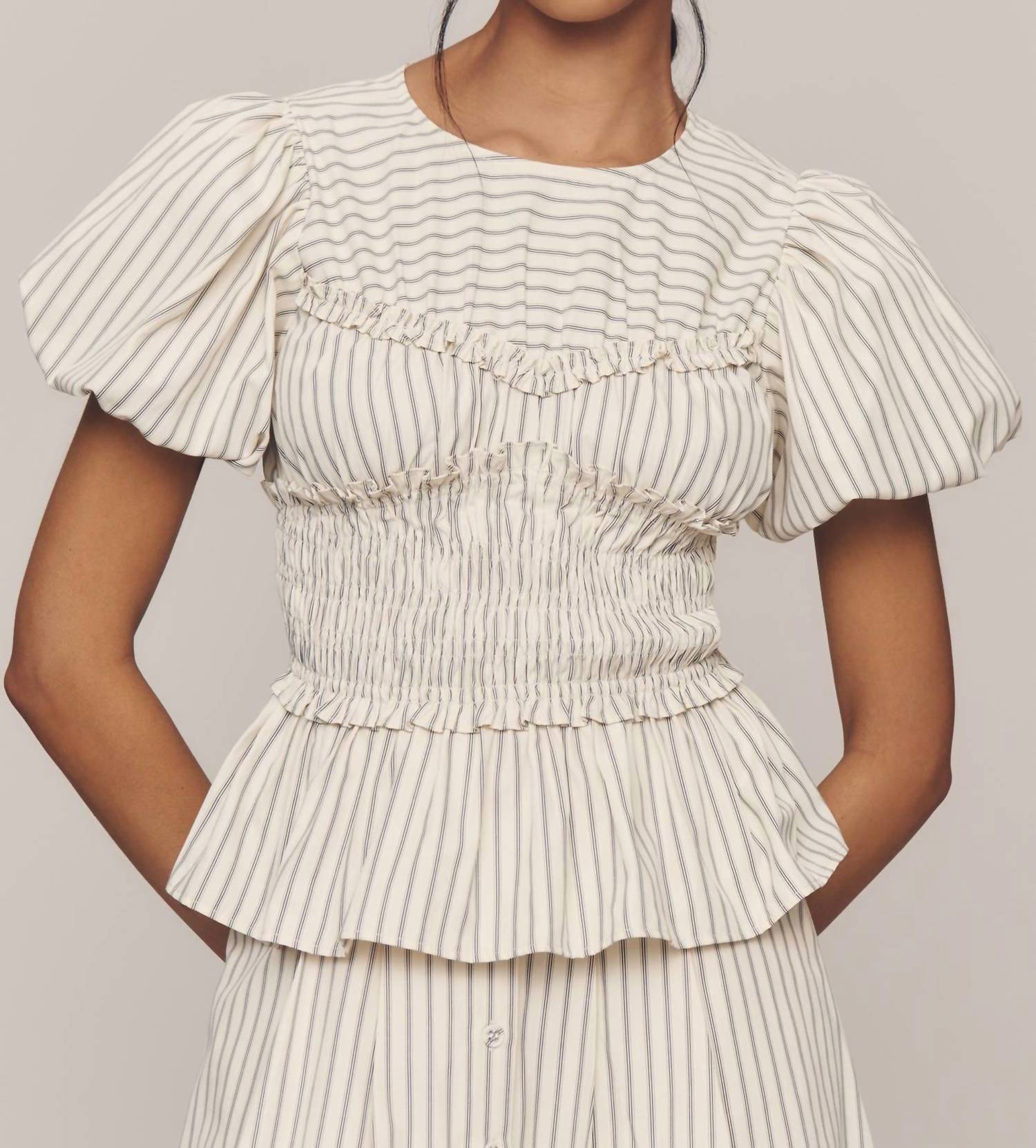 En Saison Azra Puff-sleeve Peplum Top in ivory - women's t-shirt
