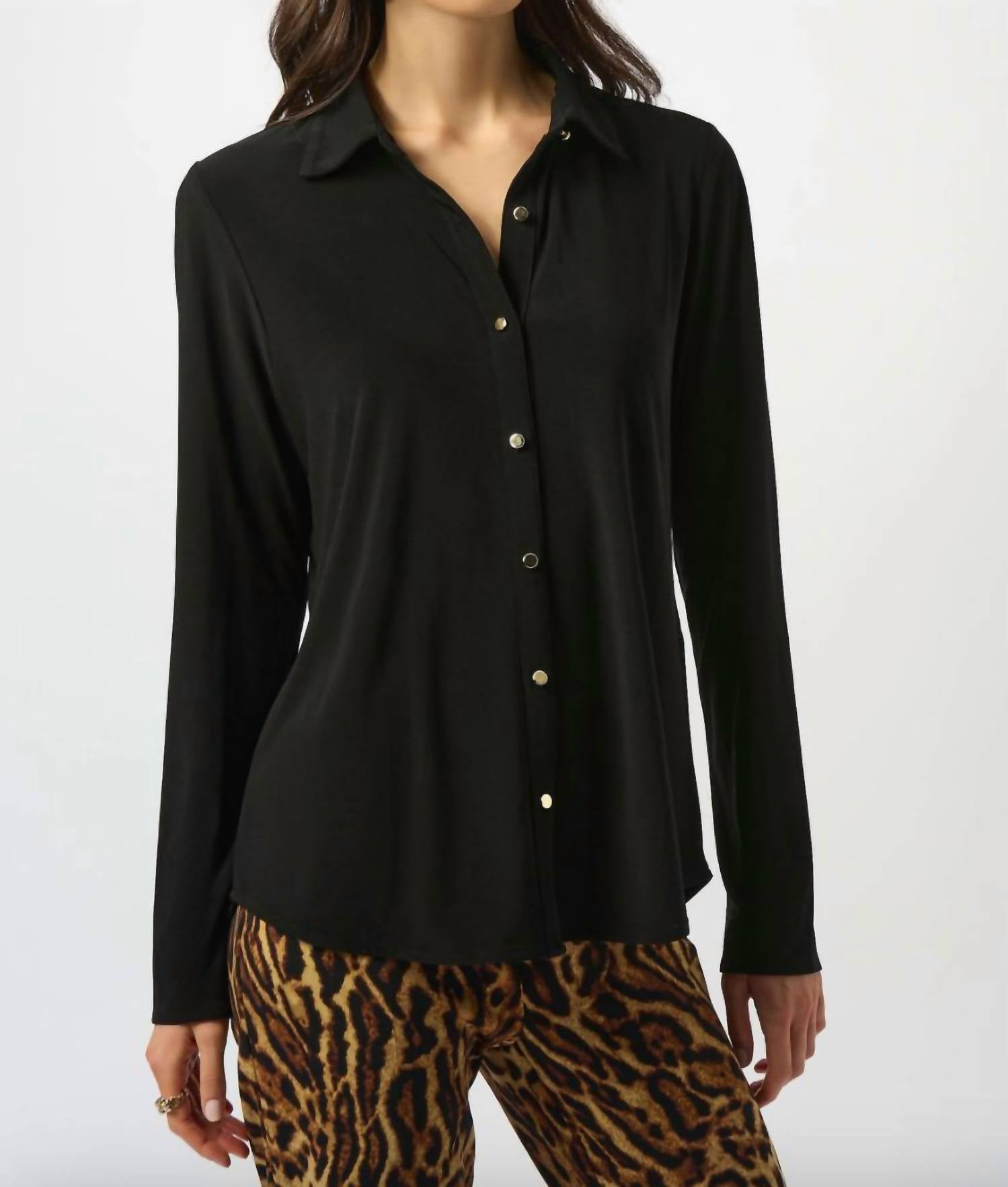 Joseph Ribkoff Silky Knit Button-front Straight Blouse in black 1 - women's blouse