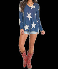 Rock & Roll Denim Star Print Sweater in blue - women's sweater - detail view