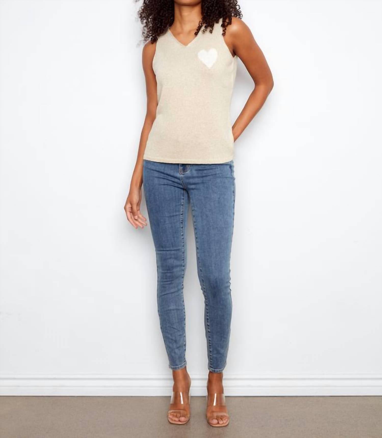 CHARLIE B Sleeveless Cami With Heart V Neck Sweater in gold - women's sweater - view 4