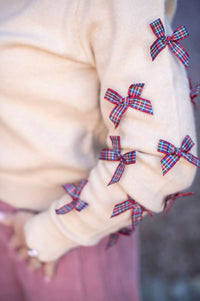 So Me Women's Plaid Bow Sleeve Sweater in oatmeal - women's sweater - alternate view