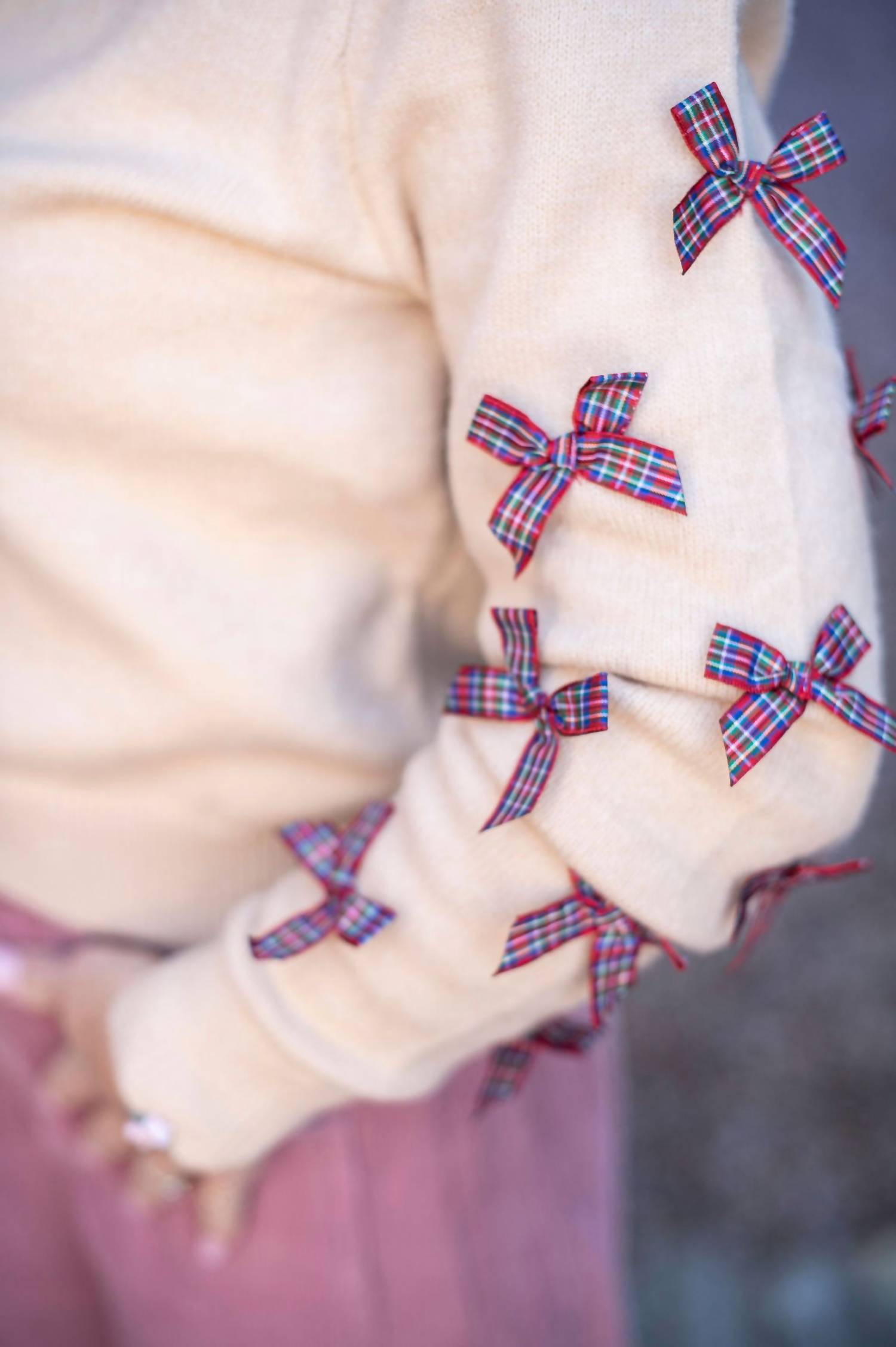 So Me Women's Plaid Bow Sleeve Sweater in oatmeal - women's sweater - alternate view