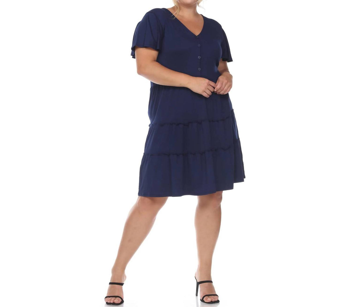 White Mark - Women's Short Sleeve V Neck Tiered Midi Dress - Plus