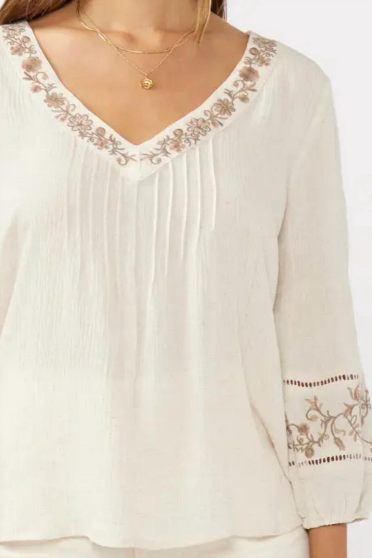 LOVESTITCH Women's Quarter Sleeve V Neck Top in natural brown - women's blouse - view 4