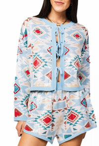 QUEEN OF SPARKLES Multi Aztec Tie Sweater in blue - women's cardigan