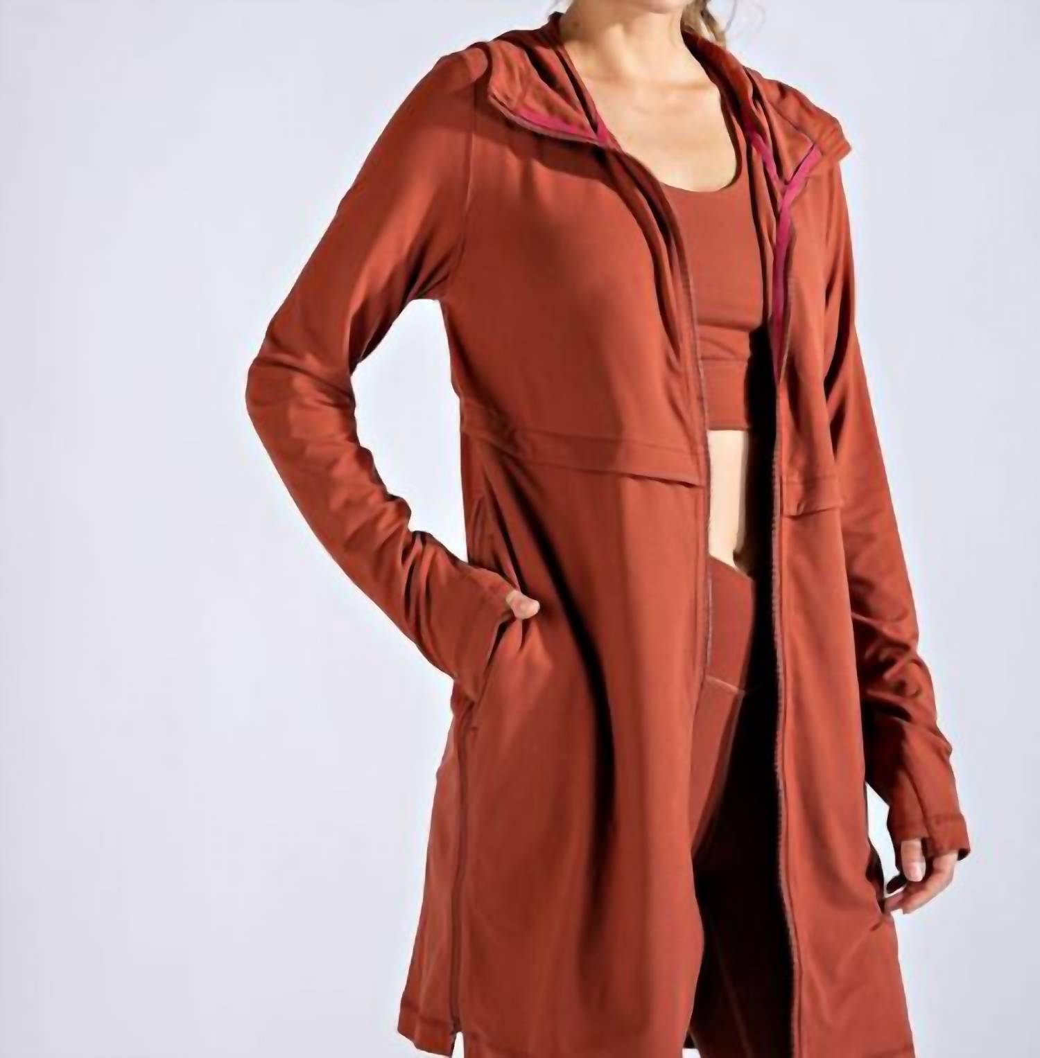 RAE MODE Long Hooded Active Jacket - Plus Size in dark terracotta - women's jacket - view 4